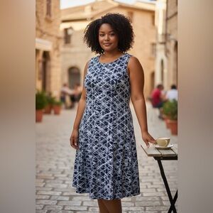 Navy White Geometric Print Dress Women’s Size XL